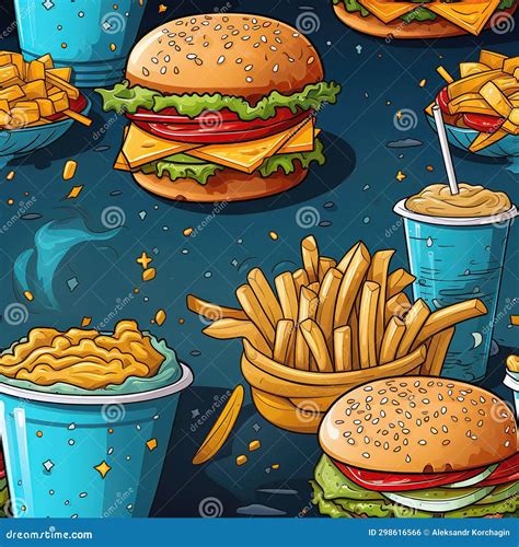 Seamless Pattern With Fast Food With Burgers Hamburgers And Fries With