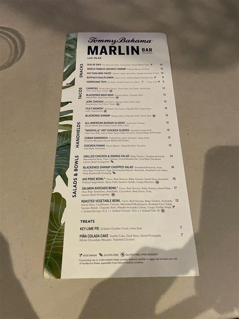 Menu At Tommy Bahama Marlin Bar Store Fort Lauderdale