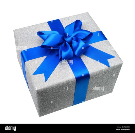 Silver Gift Box With Blue Ribbon And A Fancy Elegant Bow Studio