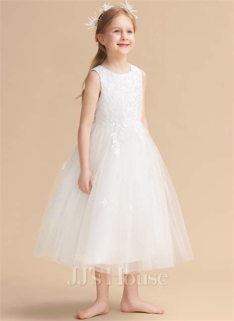 A Line Scoop Tea Length Satin Tulle Flower Girl Dress 010094047 Jj