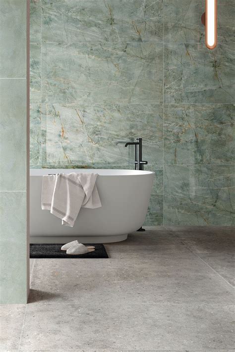 Green Marble Look Porcelain Slab in Bathroom | Green marble bathroom ...