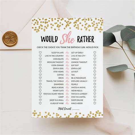 Birthday Would She Rather Printable Birthday Party Game Etsy