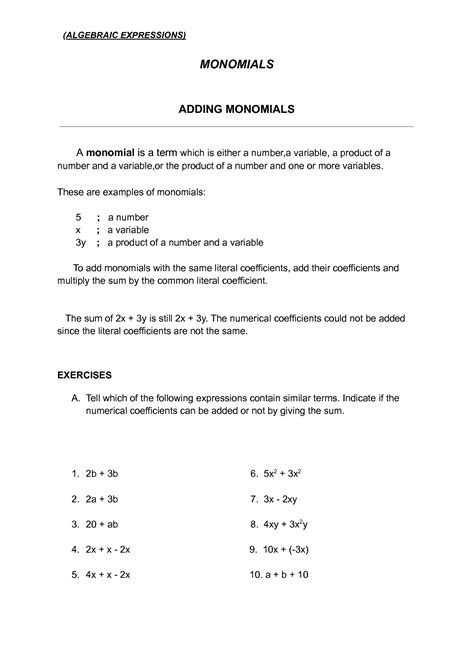 Solution Monomials Adding Subtracting Muliplying And Dividing