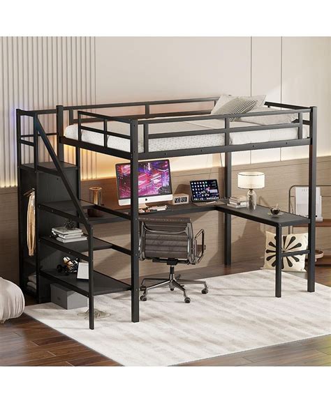 Simplie Fun Full Size Loft Bed With L Shaped Desk And Usb Metal Loft Bed With Wardrobe And