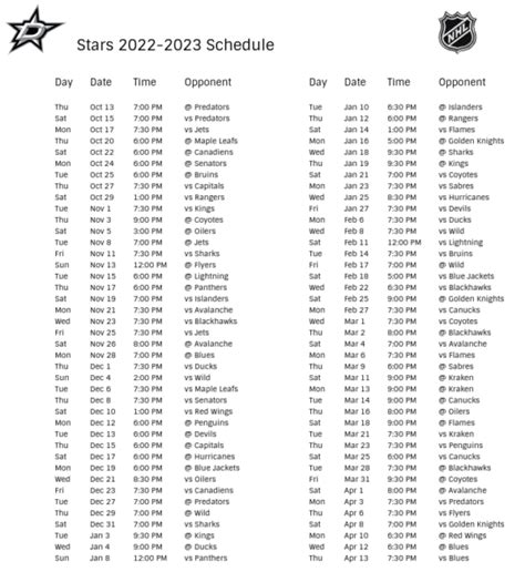 Dallas Stars 2022-23 Season Schedule