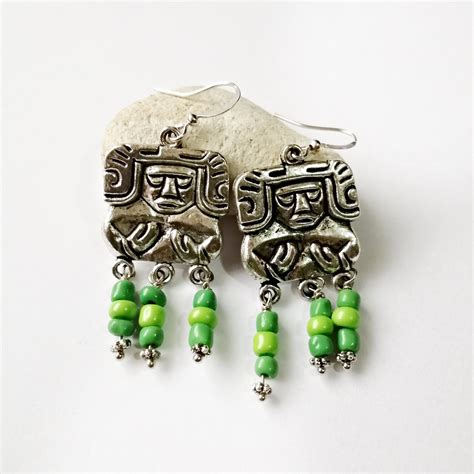 Green Beads Mayan Silver Earrings Mayan Jewelry Silver Aztec Etsy