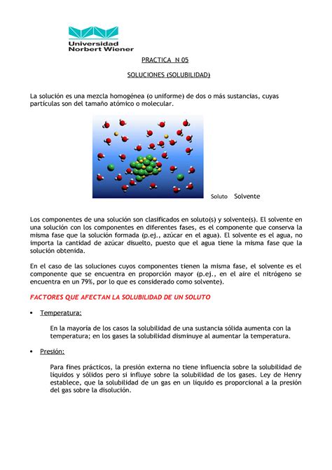 Practica N 05 Soluciones Solubilidad Soluto PRACTICA N 05