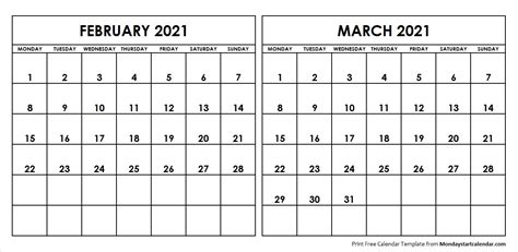 Blank February March 2021 Calendar Printable - eyesfoolthemind