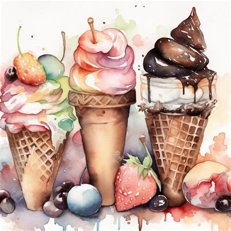 Uma Pintura Em Aquarela De Tr S Casquinhas De Sorvete Sabores