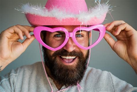 Premium Photo Bearded Man In Big Glasses Funny Guy In Big Eyeglasses Happy Man With Funny Pink