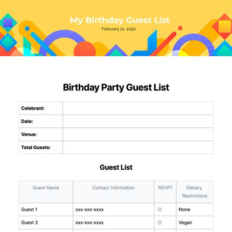 Free Birthday Party Guest List Template Edit Online And Download