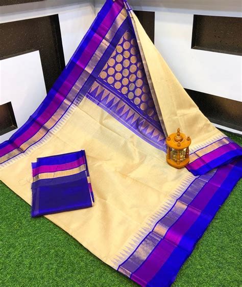 Half White Saree With Blue Border Color Kuppadam Pattu Handloom Saree