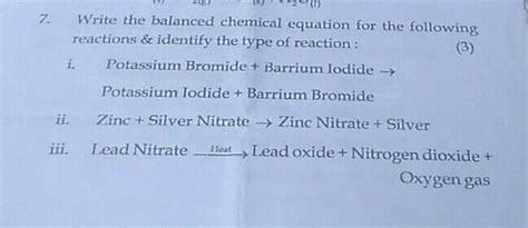 Write The Balanced Chemical Equation The Following Reactions And Identify The Of Reaction I