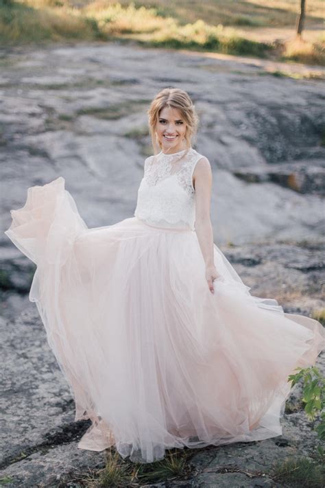 Magic Nude Ombre Wedding Tulle Dress Train Belle Crop Top Sleeveless And Tulle Skirt Long
