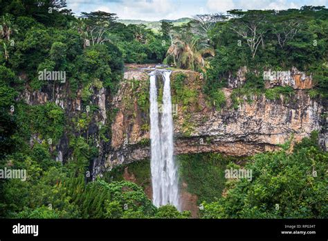 View at Chamarel waterfall water falling from the cliff surrounded by a ...