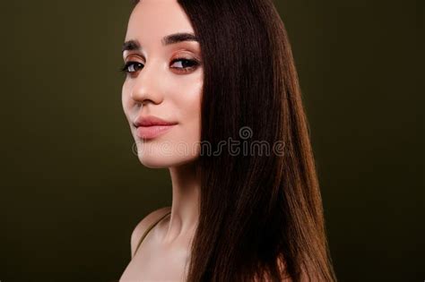 Photo Of Charming Lady With Long Brunette Hair Look Green Color Background Stock Photo Image