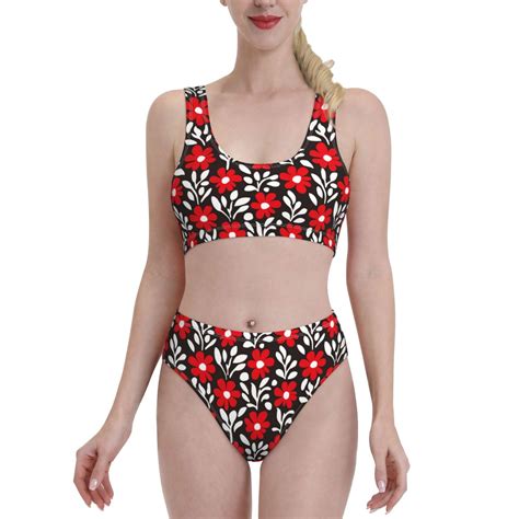 Haiem Red Floral Women S High Waisted Bikini Set Two Piece Bathing