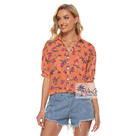 Orange Flamingo Gun Aloha Crop Top Shirt For Women Vinco Hawaiian Shirts