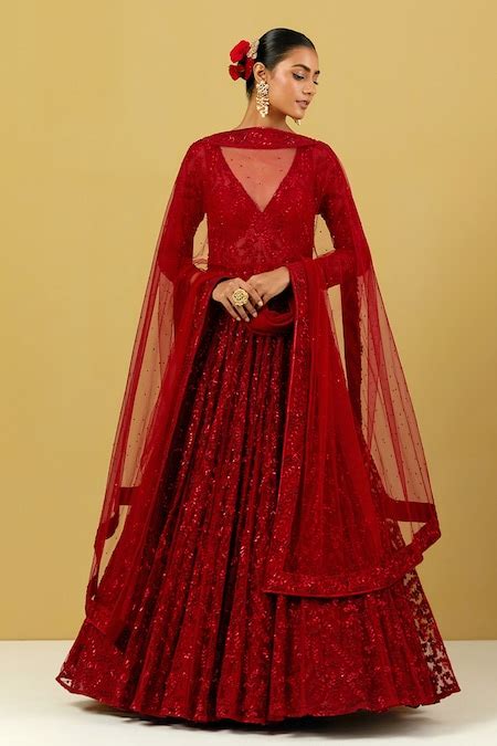 Buy Red Net Embroidered Floral Plunge V Neck Anarkali With Dupatta For