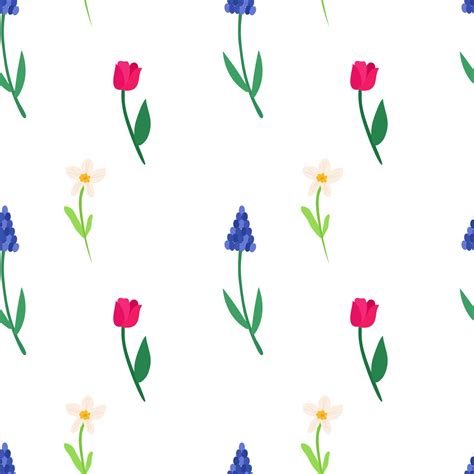 Seamless Pattern Of Spring Colorful Flowers Of Tulip Muscari