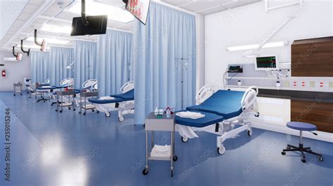 Modern Emergency Room Interior With Row Of Empty Hospital Beds And