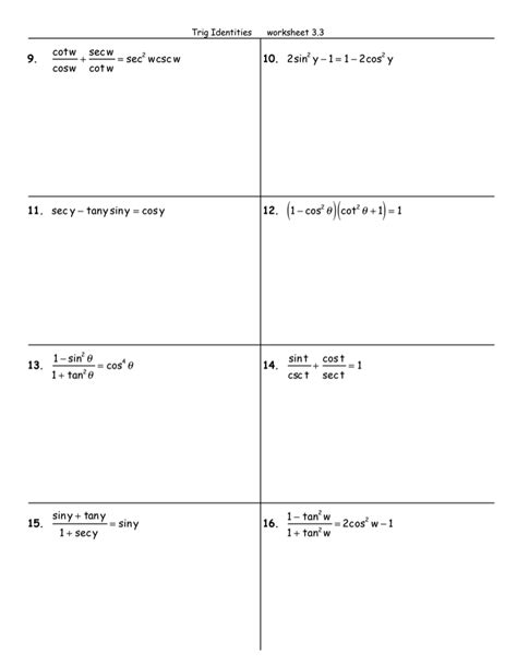 Trig Verfying Identities Worksheet Pre Calculustrig 3 Verifying