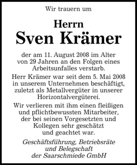 Traueranzeigen Von Sven Kr Mer Saarbruecker Zeitung Trauer De