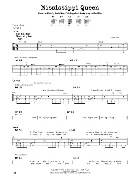 Mississippi Queen by Mountain - Guitar Lead Sheet - Guitar Instructor