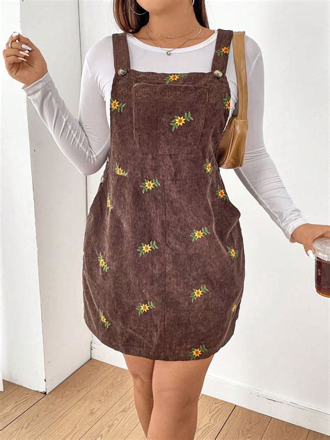 Shein Qutie Plus Size Corduroy Pinafore Dress With Floral Embroidery