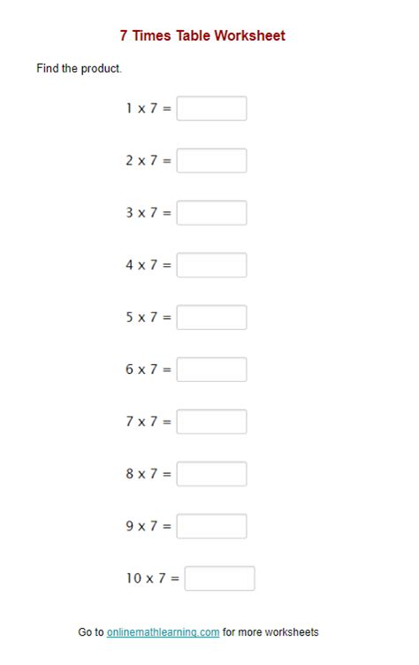 7 Times Table Worksheet (printable, online, answers)