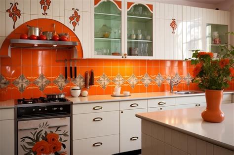 Premium AI Image | Vintage Kitchen with Charming Orange Pattern Tiles