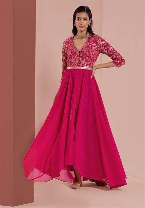 Buy Women Hot Pink Zari Embroidered Front Slit Kurta With Belt Set Of