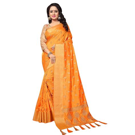 Amazing Orange Colored Festive Wear Woven Work Silk Saree