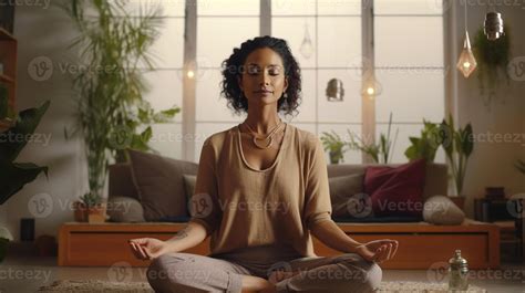 Ai Generated Middle Aged Indian Woman Meditating At Home Relaxing