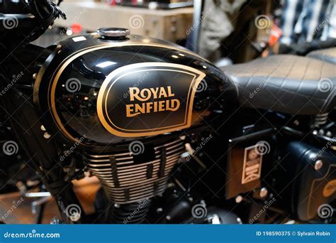 Royal Enfield Motorcycle Fuel Tank Black With Golden Emblem Of Vintage Limited Editorial Image