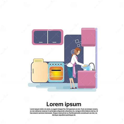 Young Woman Wash Dishes In Kitchen Sink Stock Vector Illustration Of