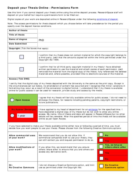 Fillable Online Deposit Your Thesis Online Permissions Form PhD