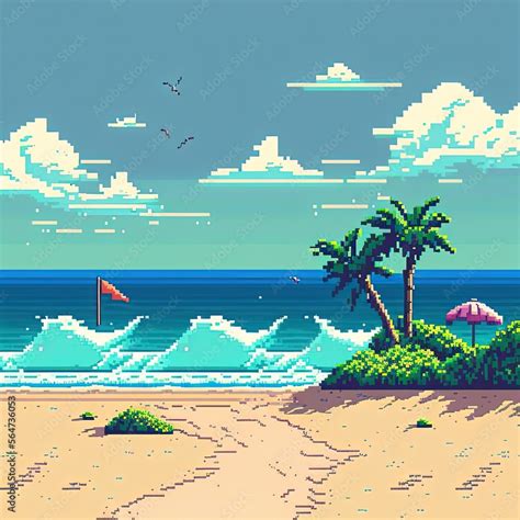 Pixel Art Beach With Palm Trees And Seagenerative Ai Ilustración De Stock Adobe Stock