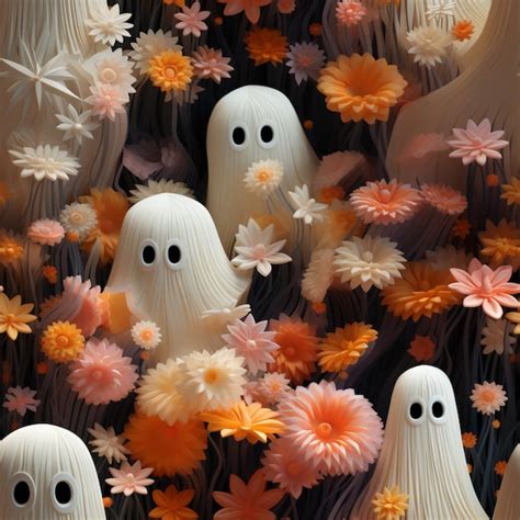 Premium Photo There Are A Lot Of White Ghosts With Orange Flowers In