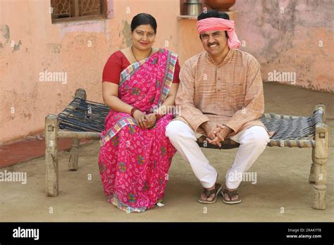 Indian Rural Farmer Couple Sitting Outdoors Together Indian Villagers