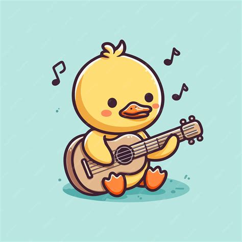 Cute Chicks Logo Playing Guitar Cartoon Design Vector Premium Ai