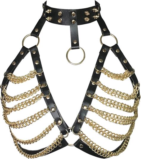 Amazon Womens Leather Body Cage Harness Bra Metal Chain Punk Goth