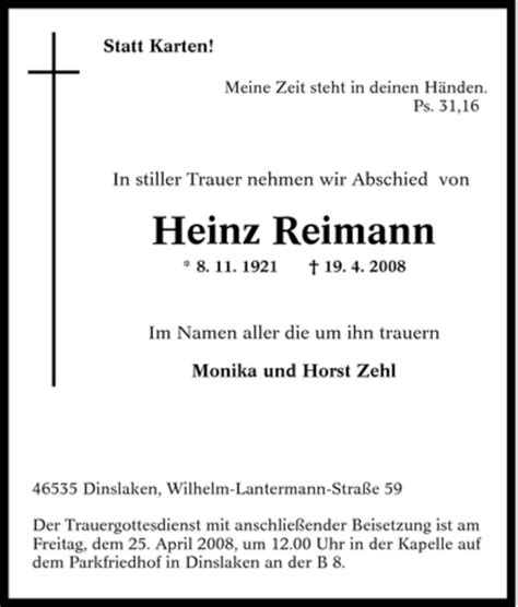 Traueranzeigen Von Heinz Reimann Trauer In NRW De