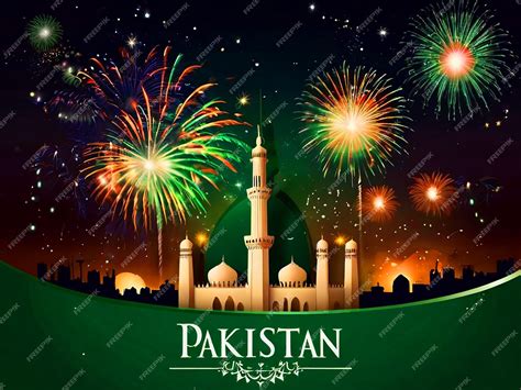 Pakistan day celebration background with minar e pakistan and fireworks