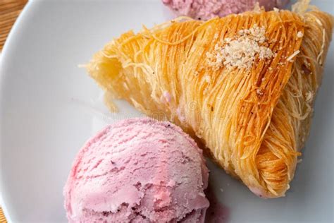 Close Up Photo Of Turkish Baklava Served With Ice Cream Stock Image