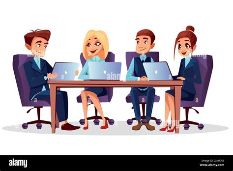 Vector Cartoon Business People Sitting At Desk With Laptops