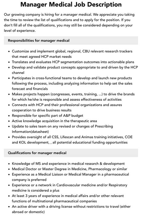 Manager Medical Job Description Velvet Jobs