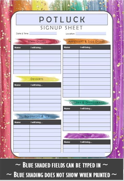 Printable Potluck Sign Up Sheet Rainbow 85x11 Fillable Pdf Etsy