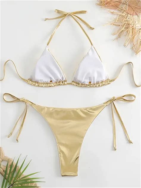 Sexy Brozing Gold Bikini Set Women Solid Push Up Micro Swimsuit 2023