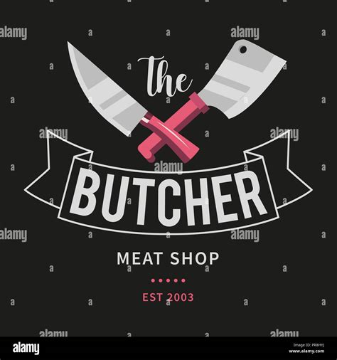 Logo Of Butcher Meat Shop With Cleaver And Chefs Knives Text The